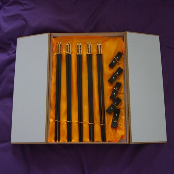 Set of Four(4) Chop Sticks with Fancy Metal Top with Ball Box Included - Picture 1 of 14